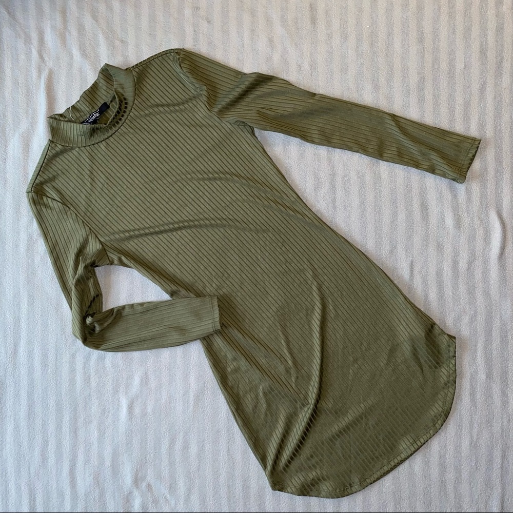 Olive green high neck long sleeve bodycon dress